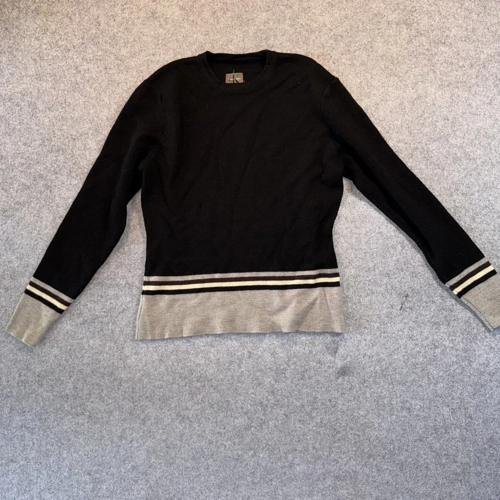 Calvin Klein Wool Crewneck Sweater Medium Black Striped 100% Wool Minimalist